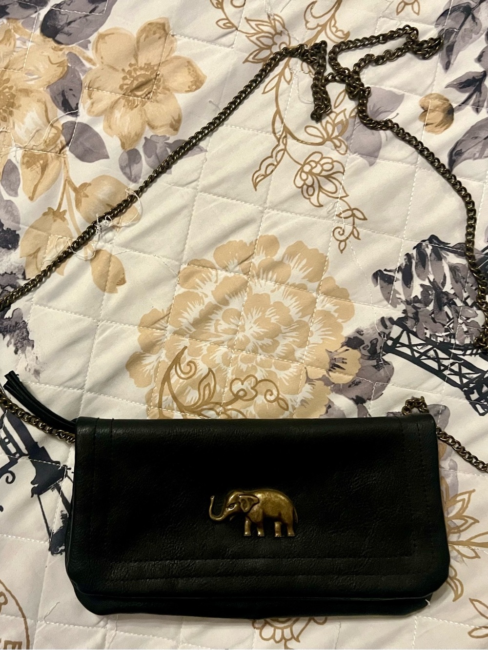 Black Leather Crossbody Clutch with Brass Elephant Accent
